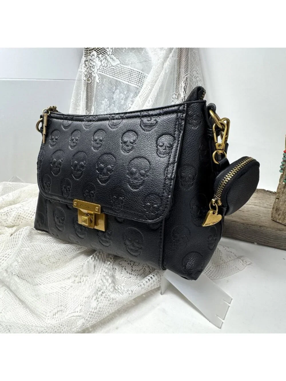 Betsey Johnson Skull Boss Satchel Black Gold Trim Top Handle